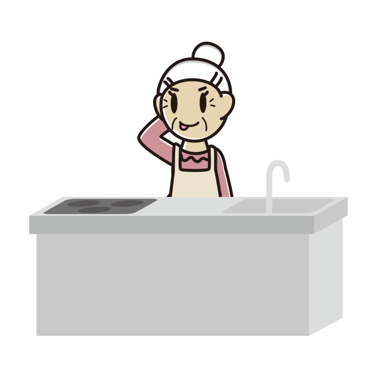 キッチンでテヘヘなおばあさんのイラスト【色あり、背景なし】透過PNG