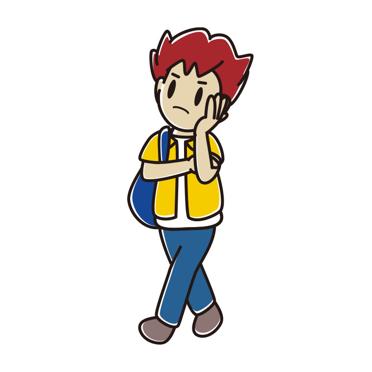 通学中に考える男子大学生のイラスト【色あり、背景なし】透過PNG