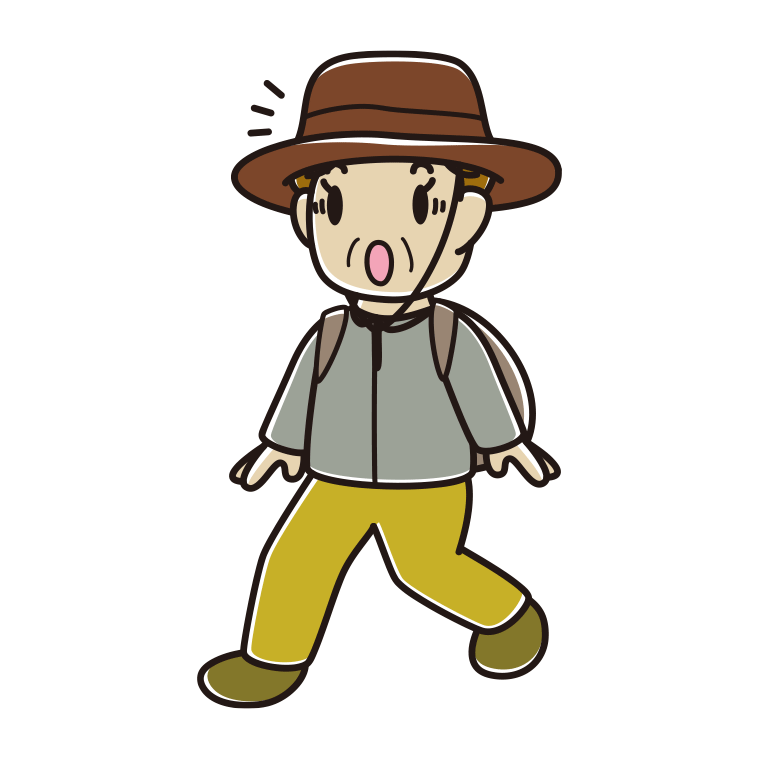 ハイキング中に驚くおばさんのイラスト【色あり、背景なし】透過PNG