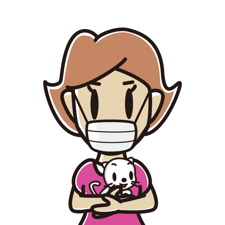 猫を抱いてマスクをする女性のイラスト【色あり、背景なし】透過PNG