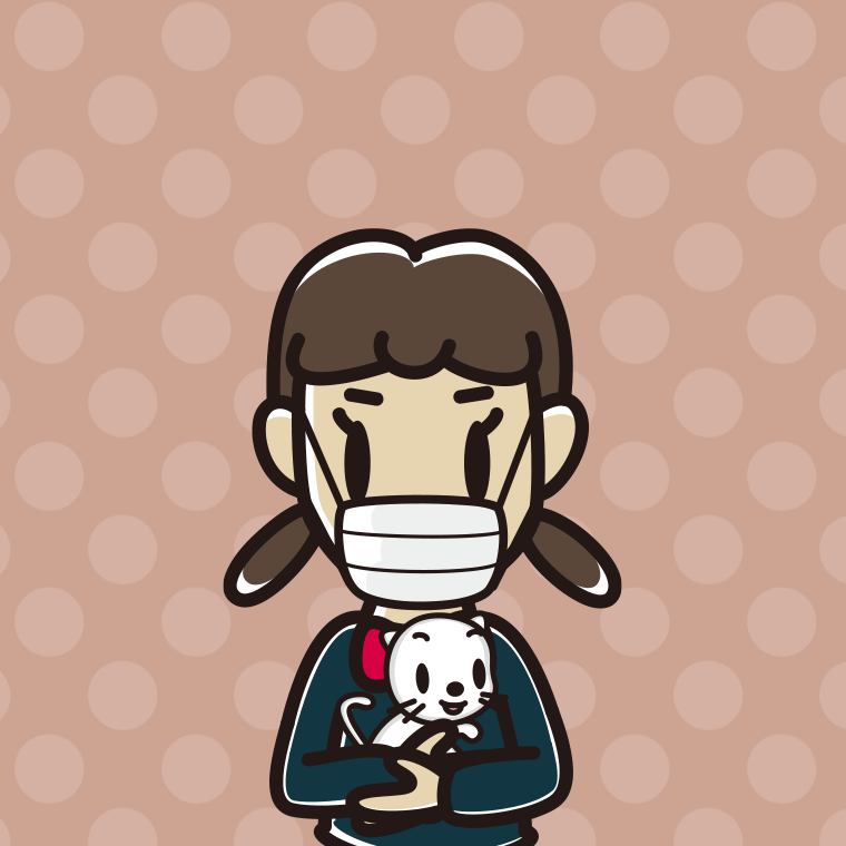 猫を抱いてマスクをする女子中学生のイラスト【色、背景あり】PNG