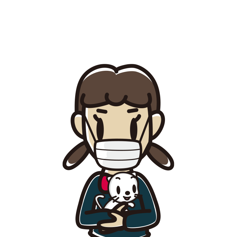 猫を抱いてマスクをする女子中学生のイラスト【色あり、背景なし】透過PNG