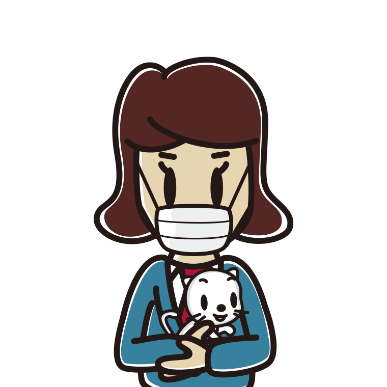 猫を抱いてマスクをする女子高校生のイラスト【色あり、背景なし】透過PNG