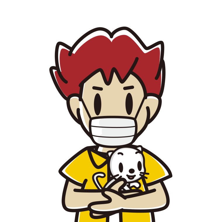 猫を抱いてマスクをする男子大学生のイラスト【色あり、背景なし】透過PNG