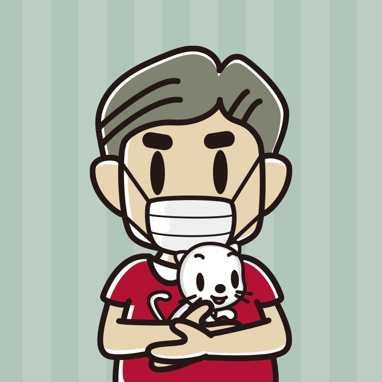 猫を抱いてマスクをするおじさんのイラスト【色、背景あり】PNG