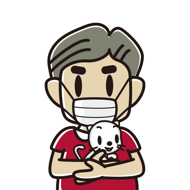 猫を抱いてマスクをするおじさんのイラスト【色あり、背景なし】透過PNG