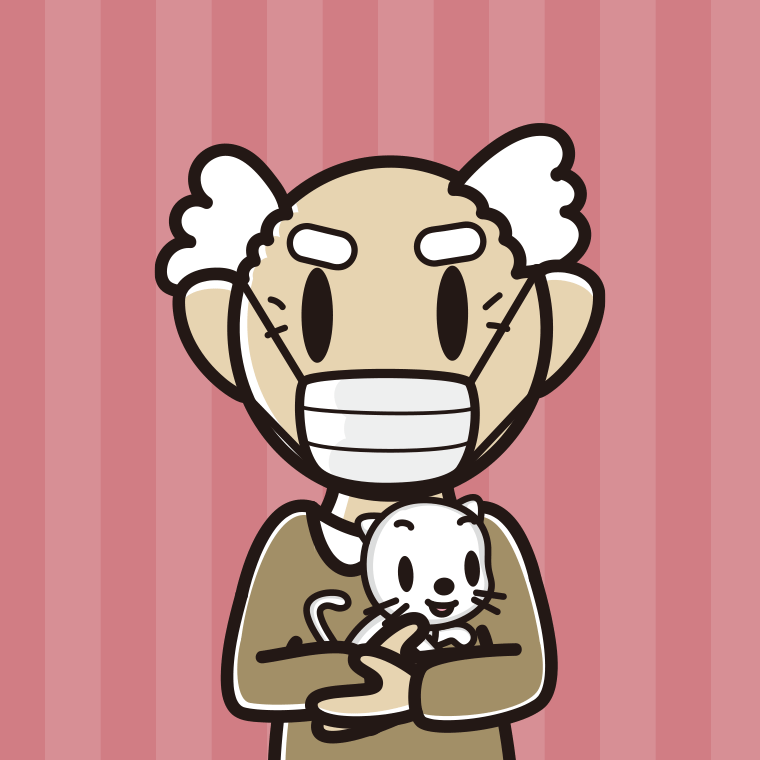 猫を抱いてマスクをするおじいさんのイラスト【色、背景あり】PNG