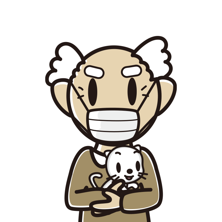 猫を抱いてマスクをするおじいさんのイラスト【色あり、背景なし】透過PNG