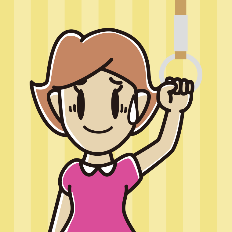 つり革につかまり苦笑いする女性のイラスト【色、背景あり】PNG