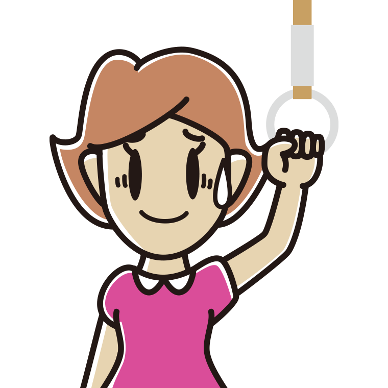 つり革につかまり苦笑いする女性のイラスト【色あり、背景なし】透過PNG