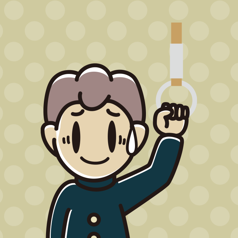 つり革につかまり苦笑いする男子中学生のイラスト【色、背景あり】PNG