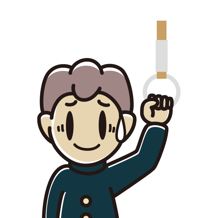 つり革につかまり苦笑いする男子中学生のイラスト【色あり、背景なし】透過PNG