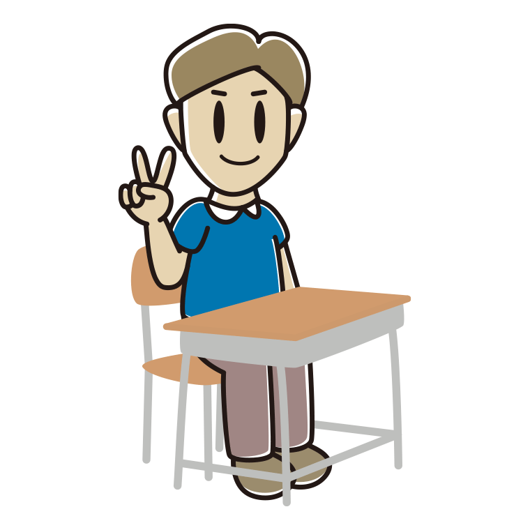 教室の席でピースをする男性のイラスト【色あり、背景なし】透過PNG