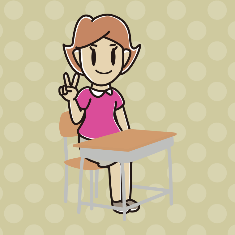 教室の席でピースをする女性のイラスト【色、背景あり】PNG