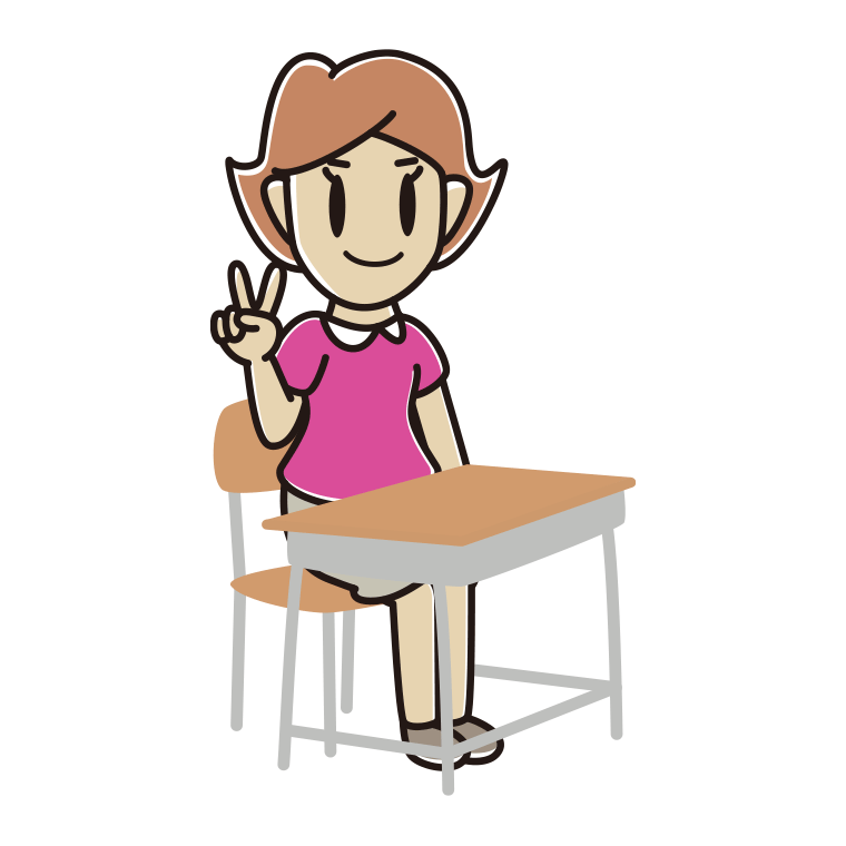 教室の席でピースをする女性のイラスト【色あり、背景なし】透過PNG
