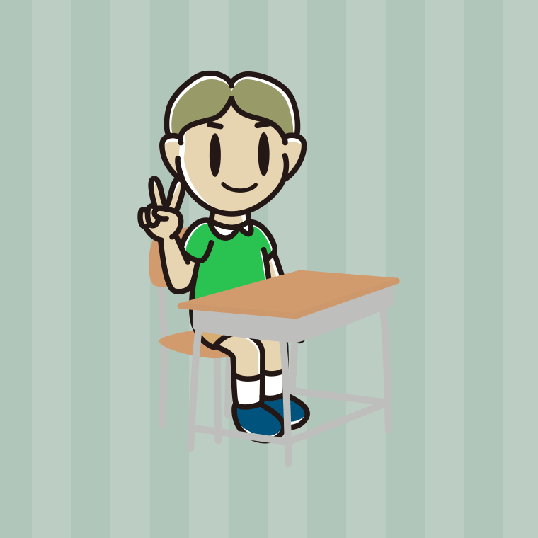 教室の席でピースをする小学生男子のイラスト【色、背景あり】PNG