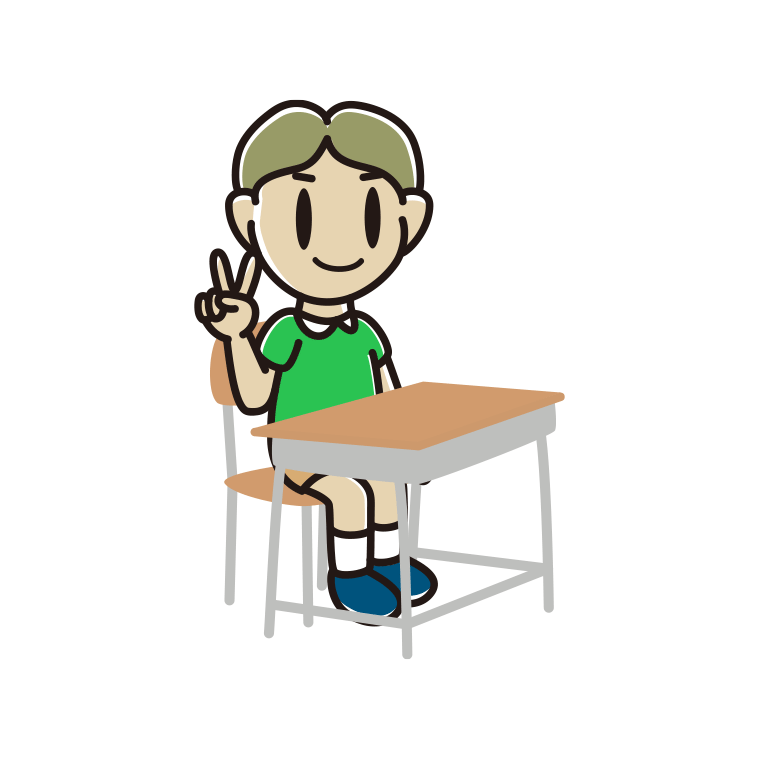 教室の席でピースをする小学生男子のイラスト【色あり、背景なし】透過PNG