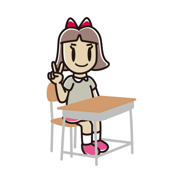 教室の席でピースをする小学生女子のイラスト【色あり、背景なし】透過PNG