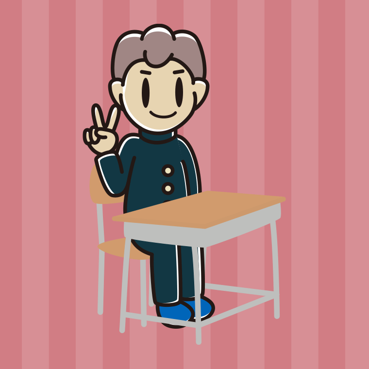 教室の席でピースをする男子中学生のイラスト【色、背景あり】PNG