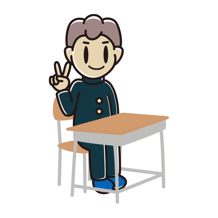 教室の席でピースをする男子中学生のイラスト【色あり、背景なし】透過PNG