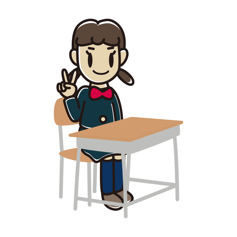 教室の席でピースをする女子中学生のイラスト【色あり、背景なし】透過PNG