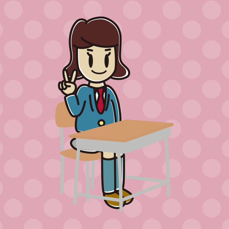 教室の席でピースをする女子高校生のイラスト【色、背景あり】PNG