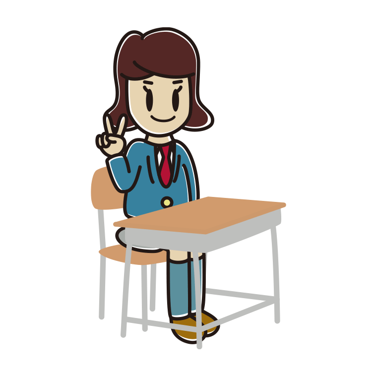 教室の席でピースをする女子高校生のイラスト【色あり、背景なし】透過PNG
