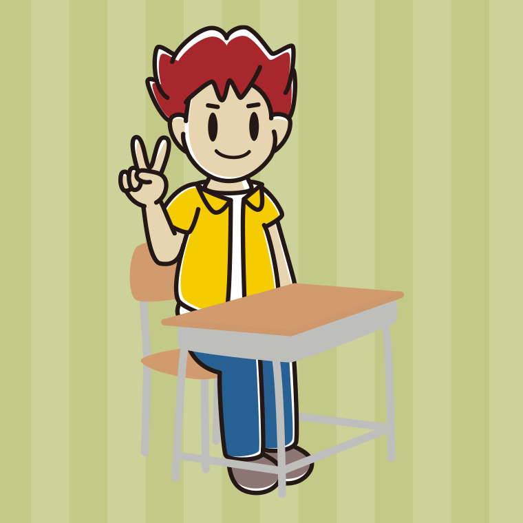 教室の席でピースをする男子大学生のイラスト【色、背景あり】PNG