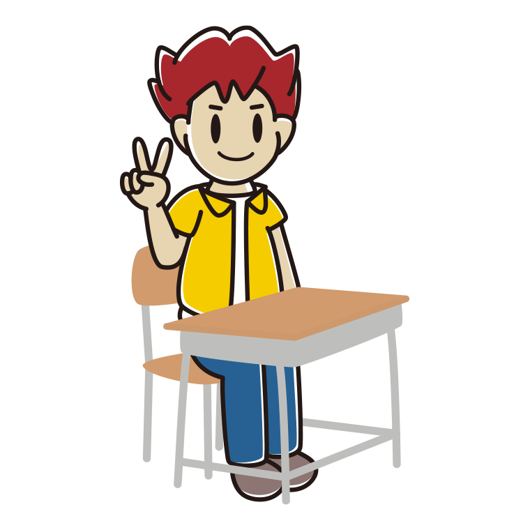 教室の席でピースをする男子大学生のイラスト【色あり、背景なし】透過PNG