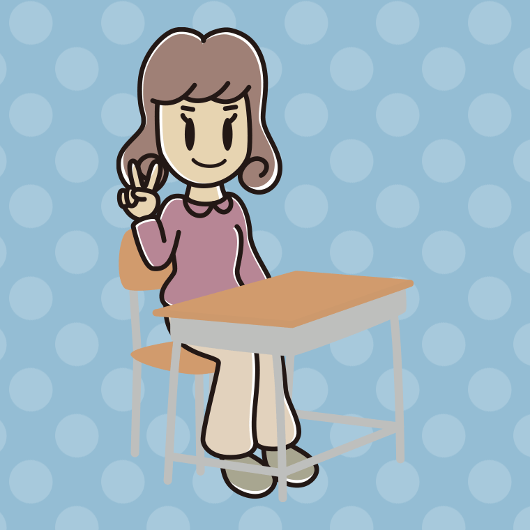 教室の席でピースをする女子大学生のイラスト【色、背景あり】PNG