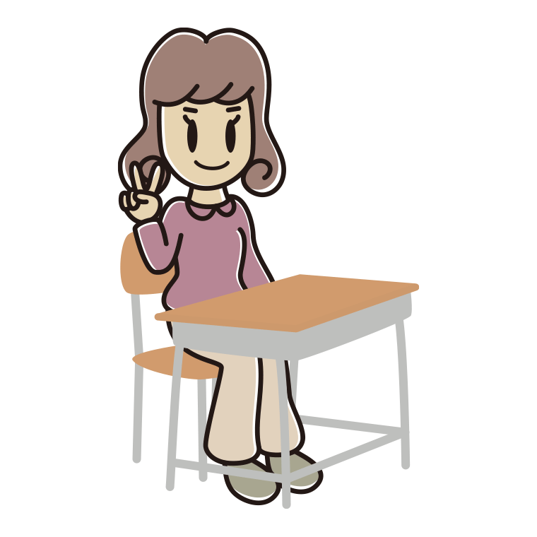 教室の席でピースをする女子大学生のイラスト【色あり、背景なし】透過PNG