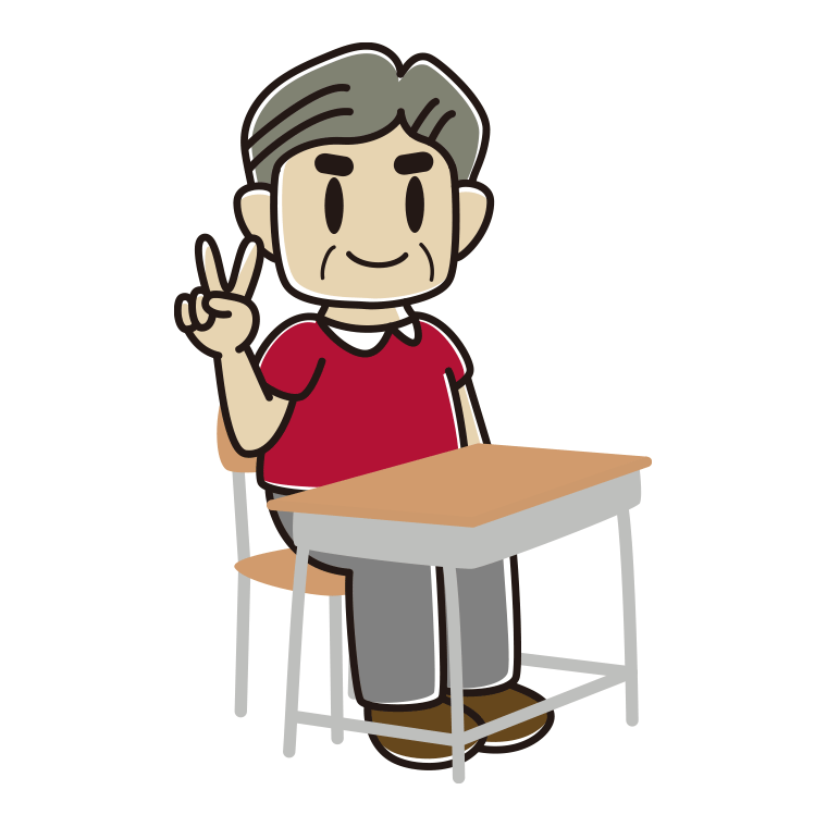 教室の席でピースをするおじさんのイラスト【色あり、背景なし】透過PNG