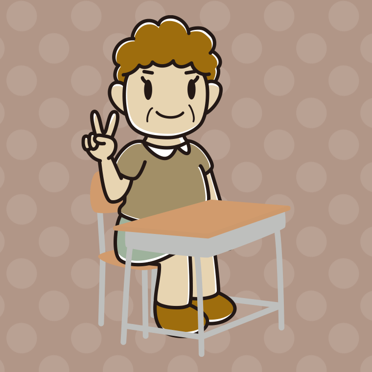 教室の席でピースをするおばさんのイラスト【色、背景あり】PNG