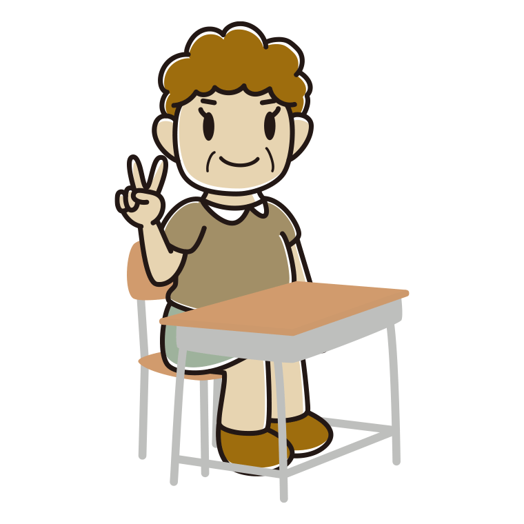 教室の席でピースをするおばさんのイラスト【色あり、背景なし】透過PNG