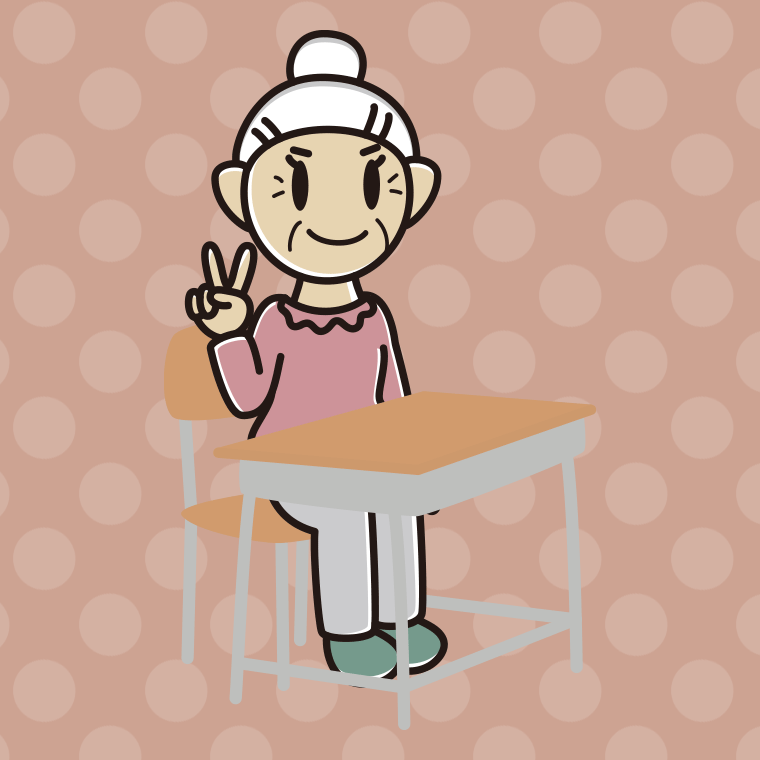 教室の席でピースをするおばあさんのイラスト【色、背景あり】PNG