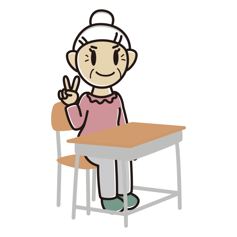 教室の席でピースをするおばあさんのイラスト【色あり、背景なし】透過PNG