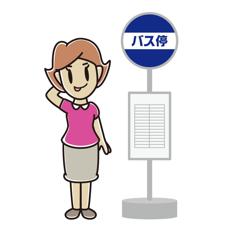 バス停でテヘヘな女性のイラスト【色あり、背景なし】透過PNG