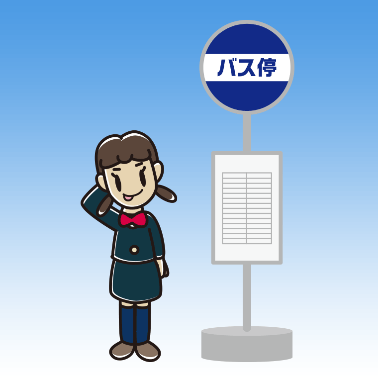 バス停でテヘヘな女子中学生のイラスト【色、背景あり】PNG
