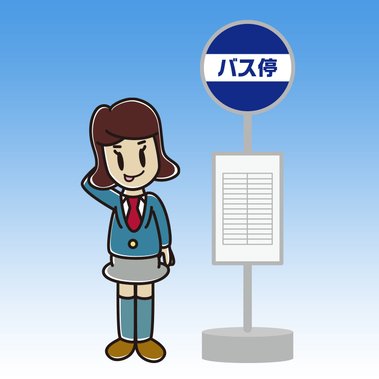 バス停でテヘヘな女子高校生のイラスト【色、背景あり】PNG