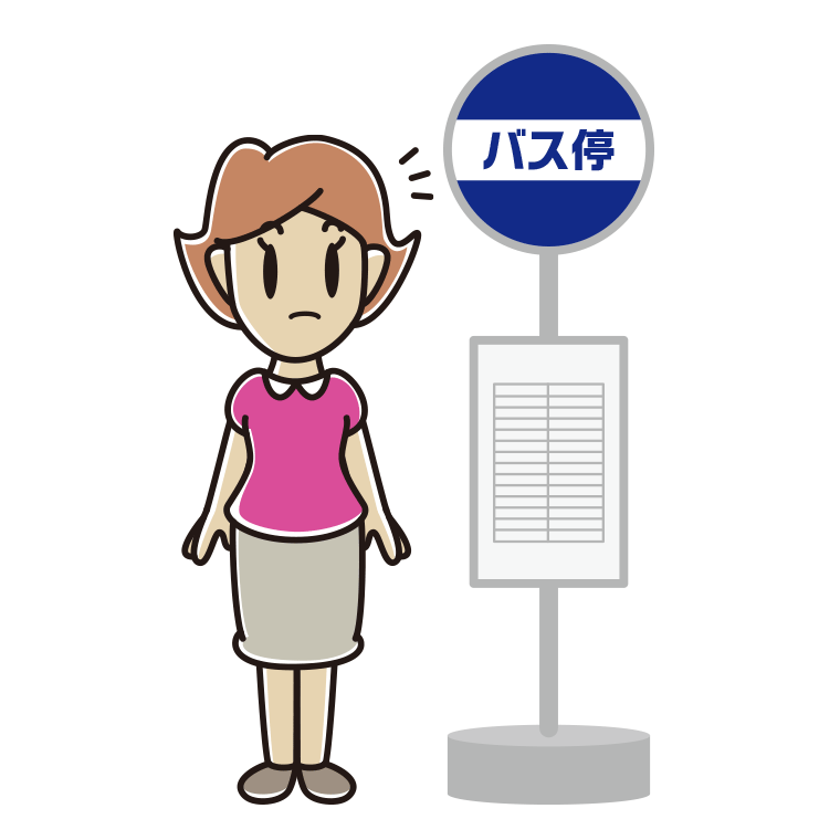 バス停で何かに気付く女性のイラスト【色あり、背景なし】透過PNG