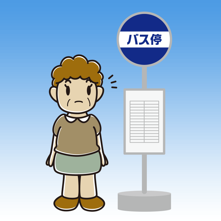 バス停で何かに気付くおばさんのイラスト【色、背景あり】PNG