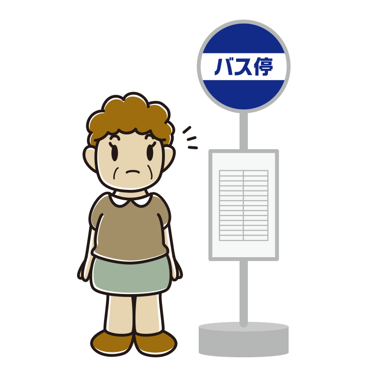 バス停で何かに気付くおばさんのイラスト【色あり、背景なし】透過PNG
