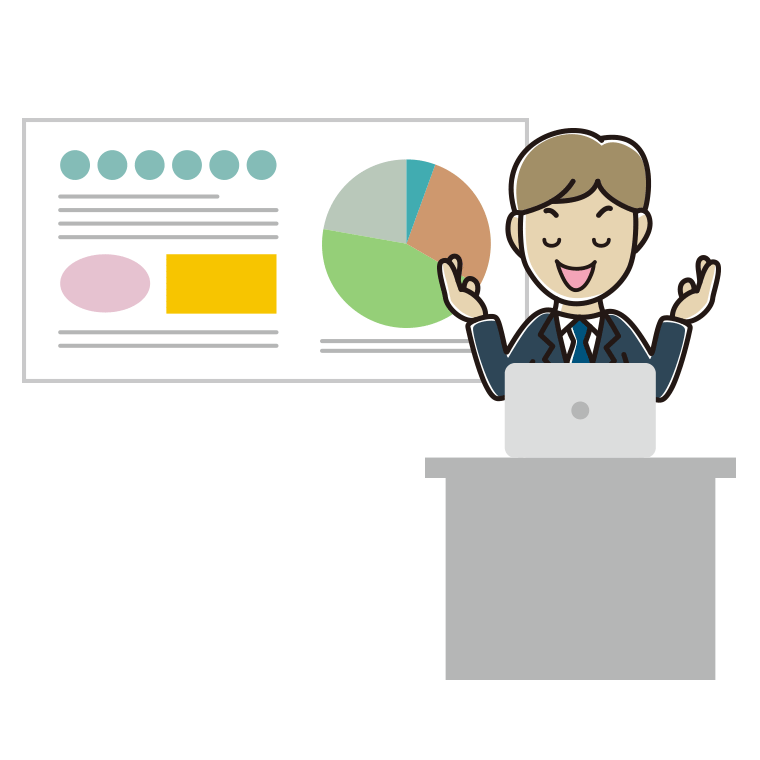 目を閉じてプレゼンする男性会社員のイラスト【色あり、背景なし】透過PNG