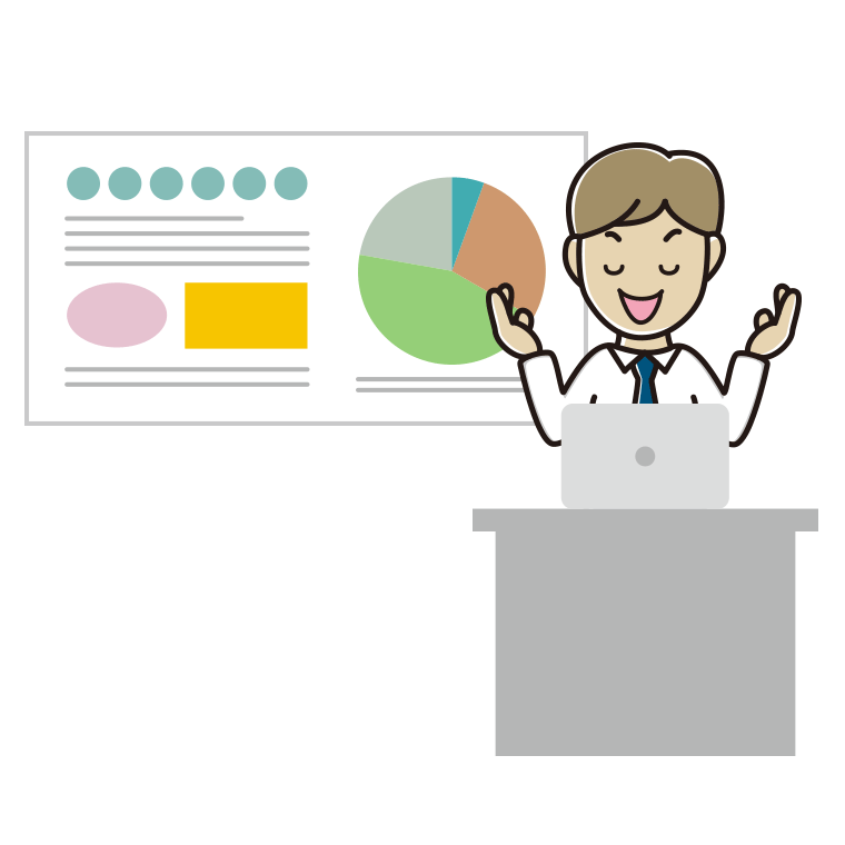 目を閉じてプレゼンする男性会社員（ワイシャツ）のイラスト【色あり、背景なし】透過PNG