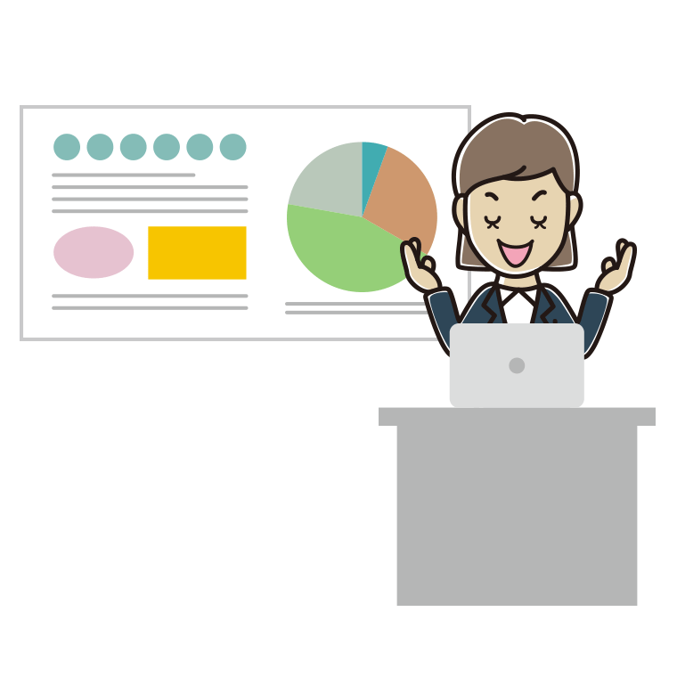 目を閉じてプレゼンする女性会社員のイラスト【色あり、背景なし】透過PNG