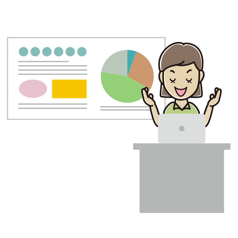目を閉じてプレゼンする女性会社員（クールビズ）のイラスト【色あり、背景なし】透過PNG