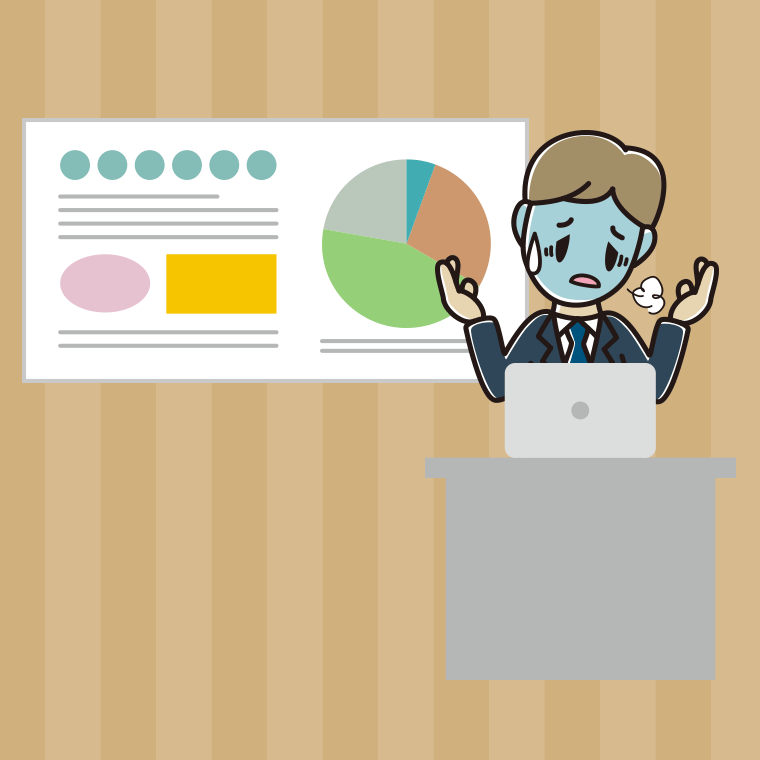 プレゼンで具合が悪い男性会社員のイラスト【色、背景あり】PNG