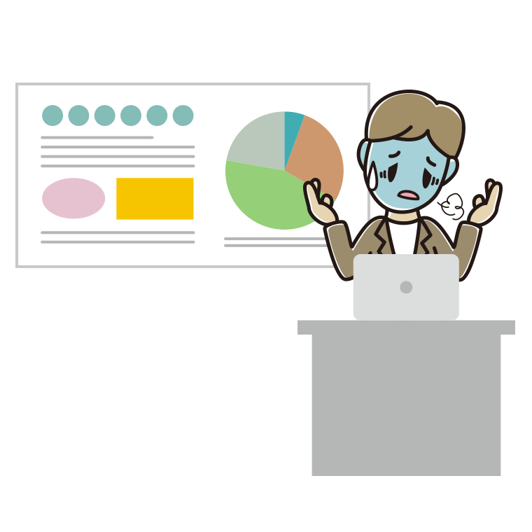 プレゼンで具合が悪い男性会社員（カジュアル）のイラスト【色あり、背景なし】透過PNG