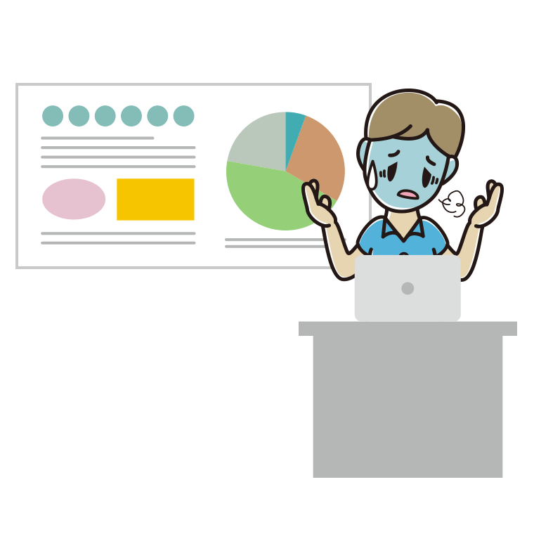 プレゼンで具合が悪い男性会社員（クールビズ）のイラスト【色あり、背景なし】透過PNG