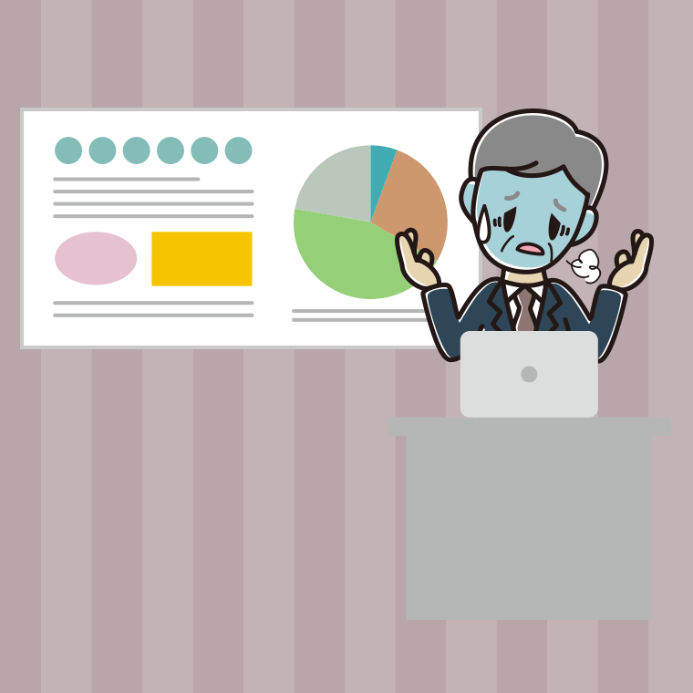プレゼンで具合が悪い年配男性会社員のイラスト【色、背景あり】PNG